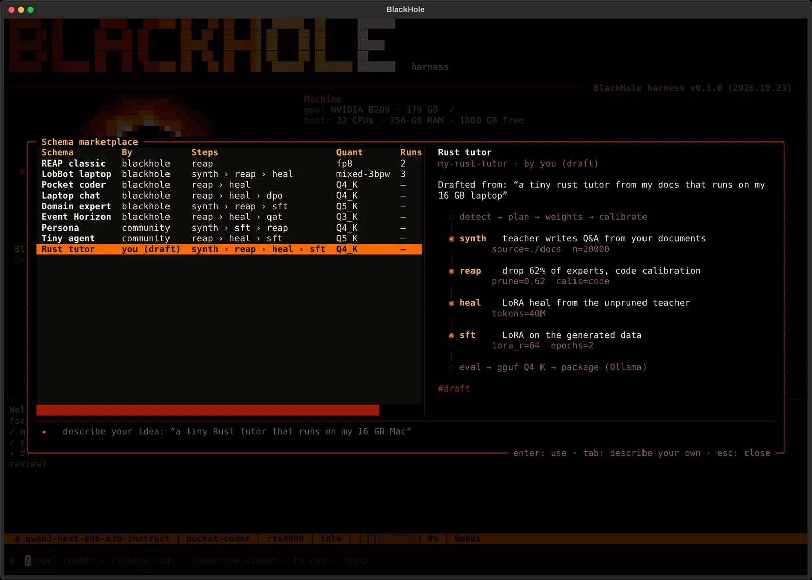 The schema screen in the TUI with a description typed into the describe box