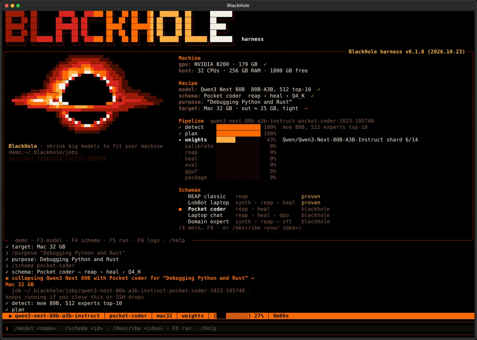 The BlackHole TUI collapsing Qwen3 Next 80B with the Pocket coder schema for a Mac with 32 GB: pipeline progress bars, machine details and a list of schemas